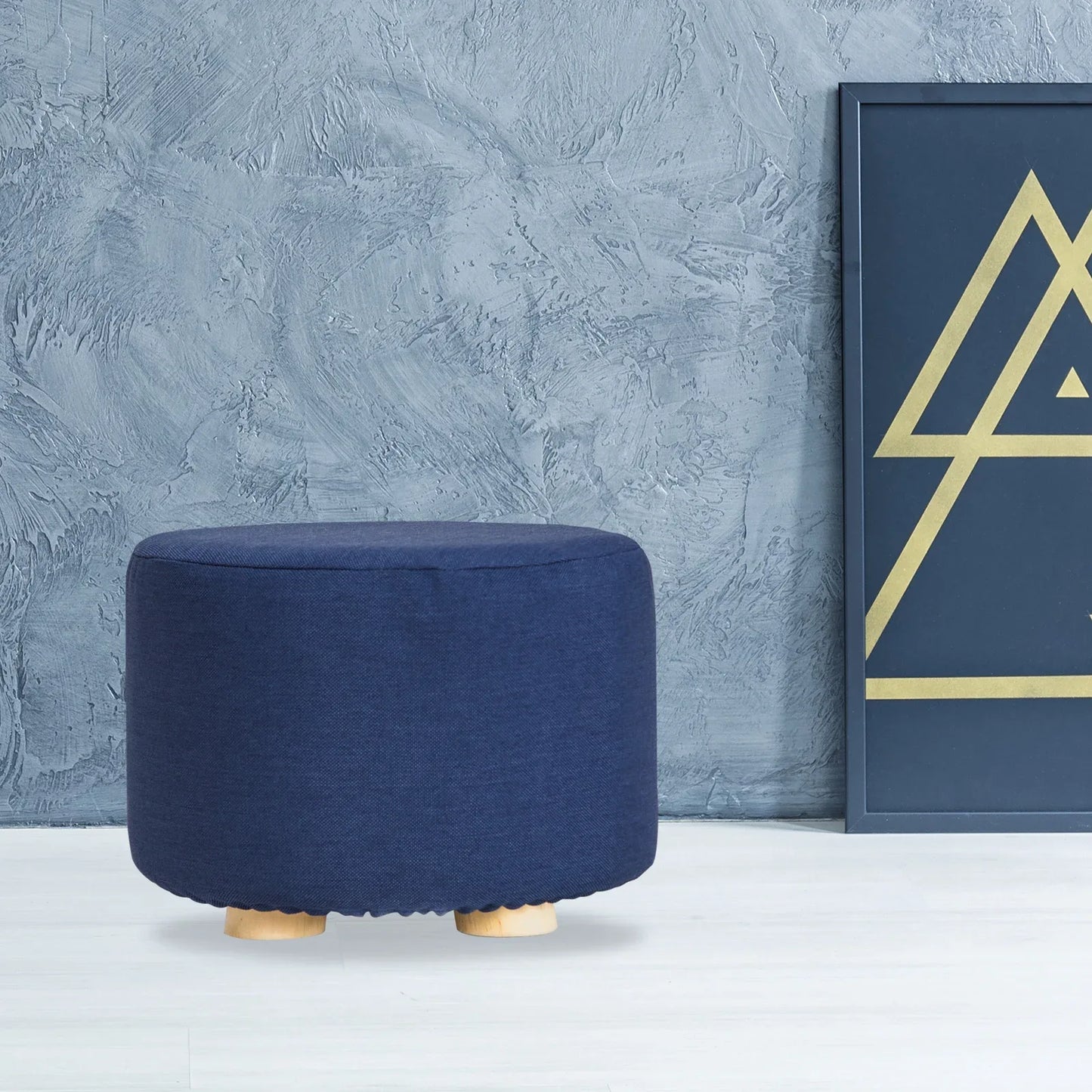 Fabric Ottoman Round Wooden Leg Foot Stool - DARK BLUE - Mekamart Australia