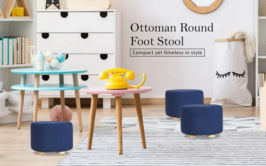 2X Fabric Ottoman Round Wooden Leg Foot Stool - DARK BLUE - Mekamart Australia