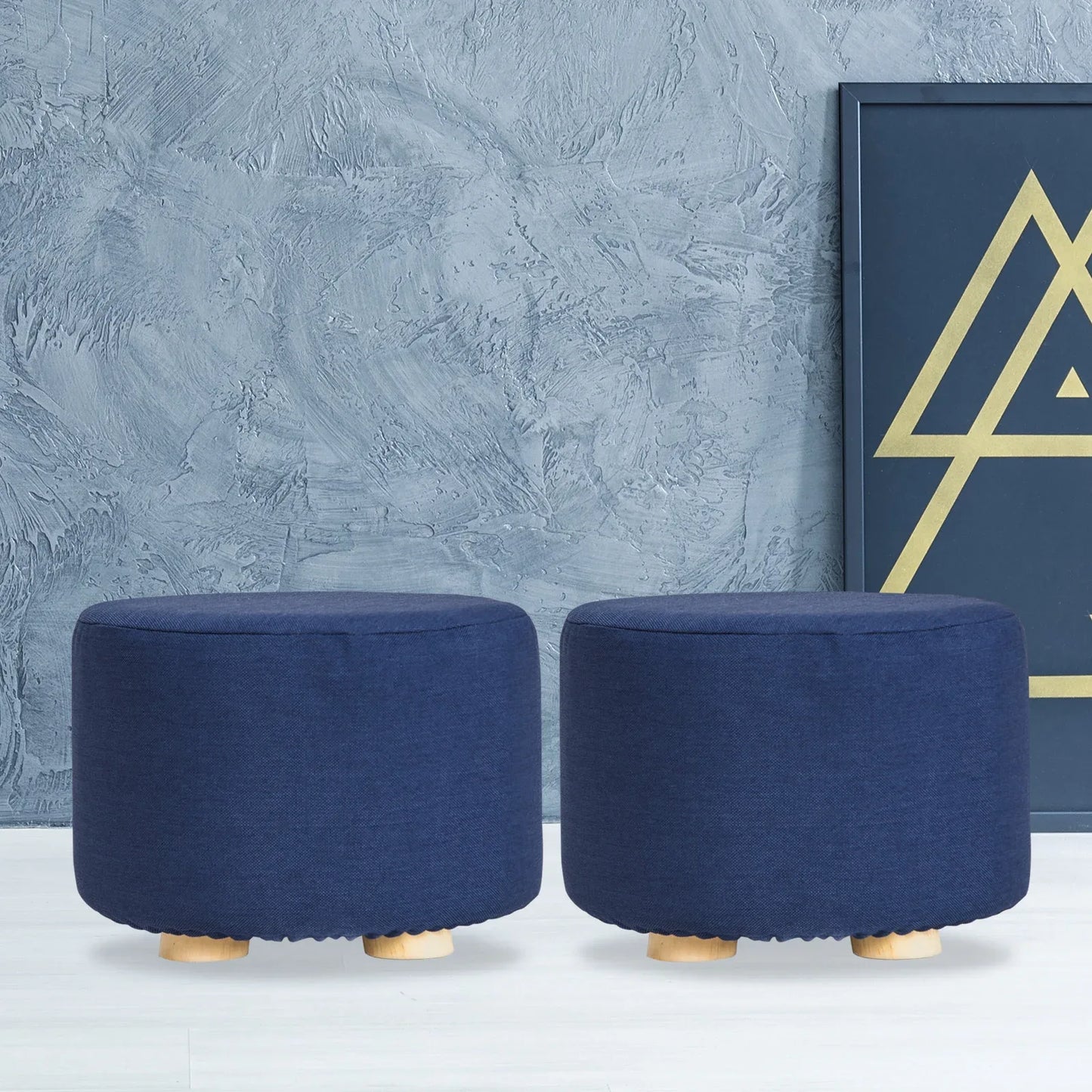 2X Fabric Ottoman Round Wooden Leg Foot Stool - DARK BLUE - Mekamart Australia