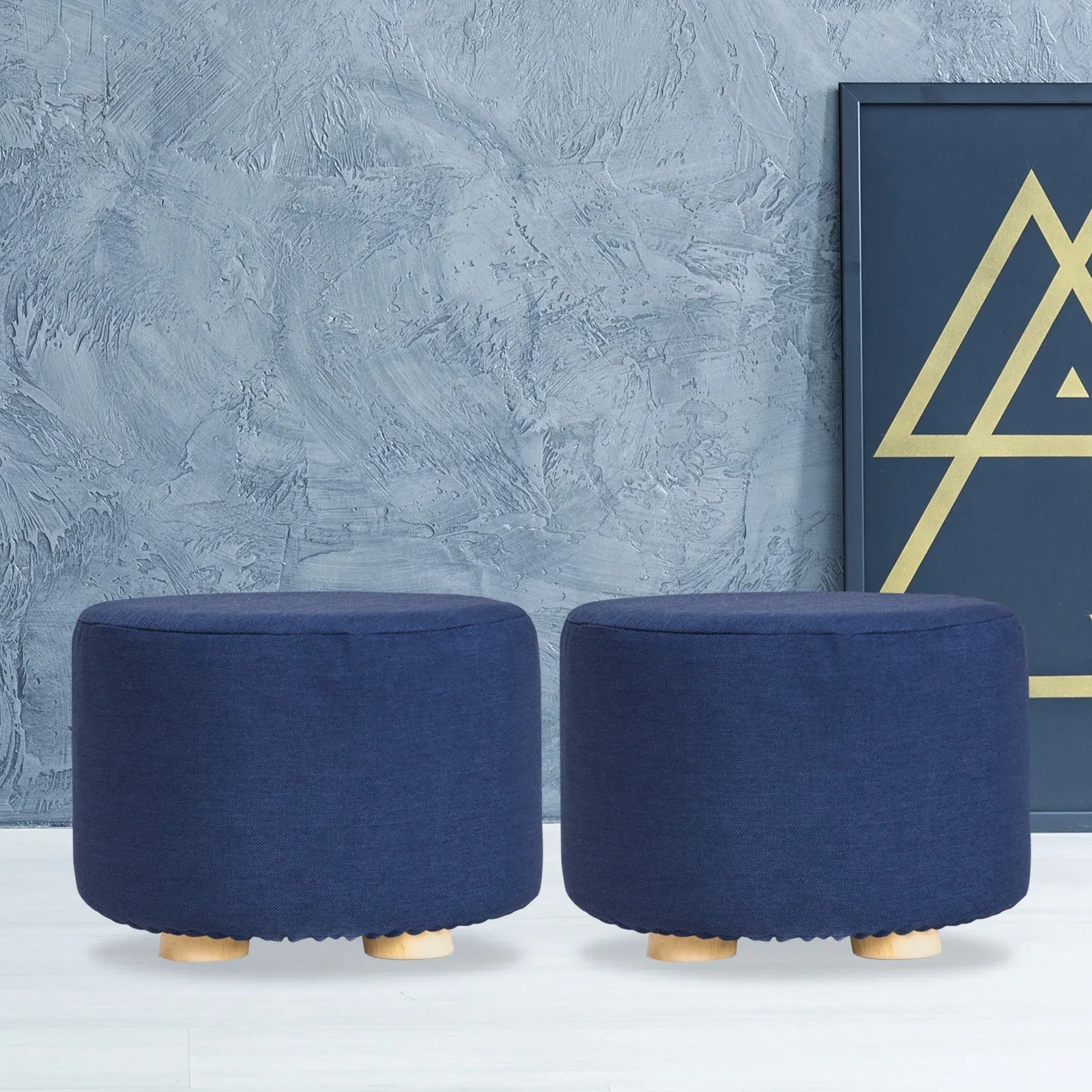 2X Fabric Ottoman Round Wooden Leg Foot Stool - DARK BLUE - Mekamart Australia