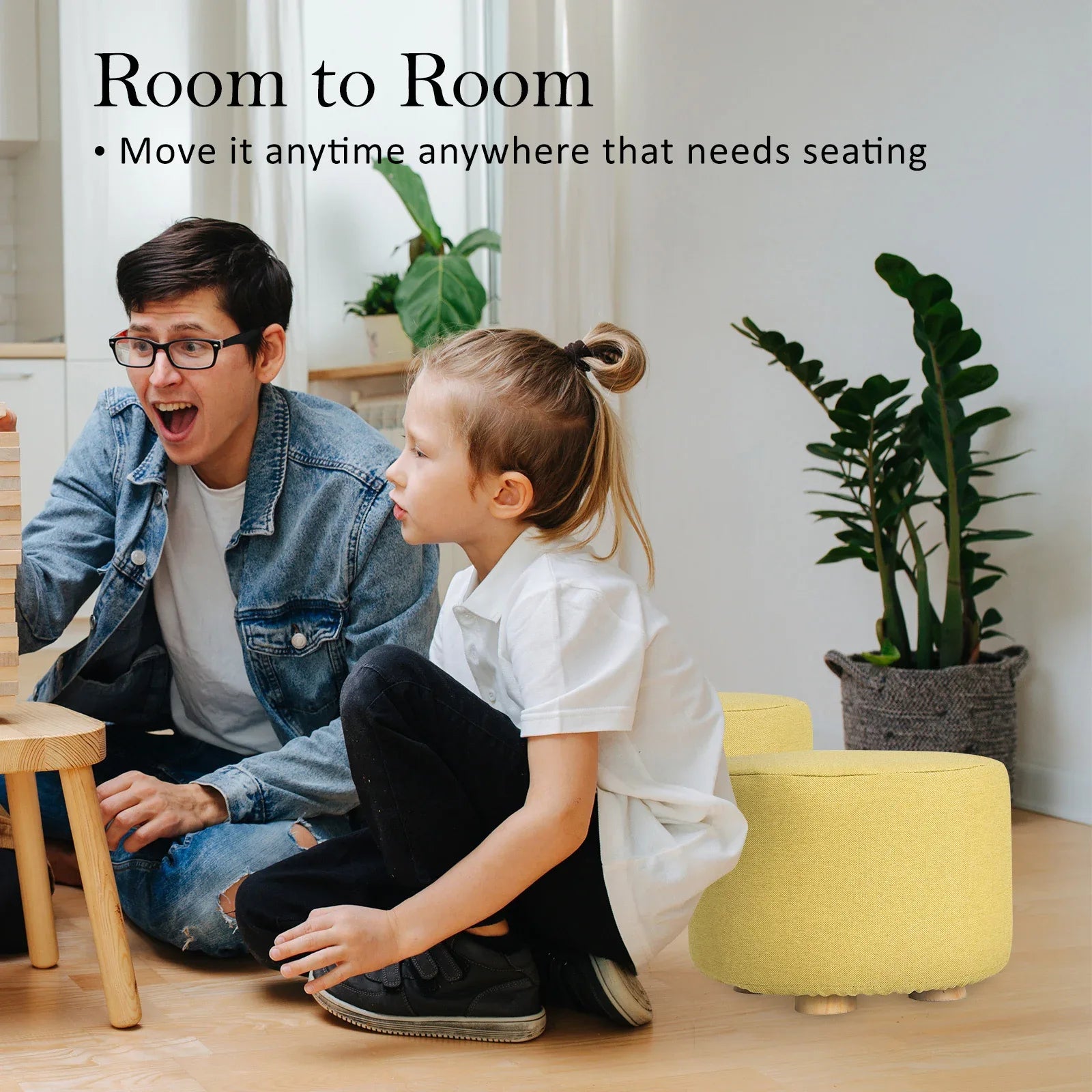 Fabric Ottoman Round Wooden Leg Foot Stool - MUSTARD YELLOW - Mekamart Australia