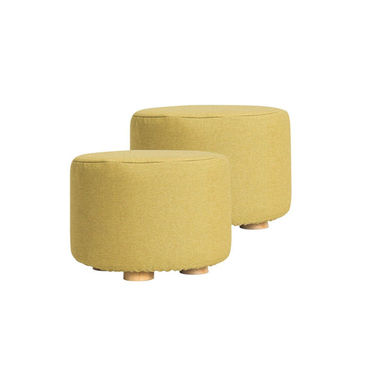 2X Fabric Ottoman Round Wooden Leg Foot Stool - Mustard Yellow - Mekamart Australia