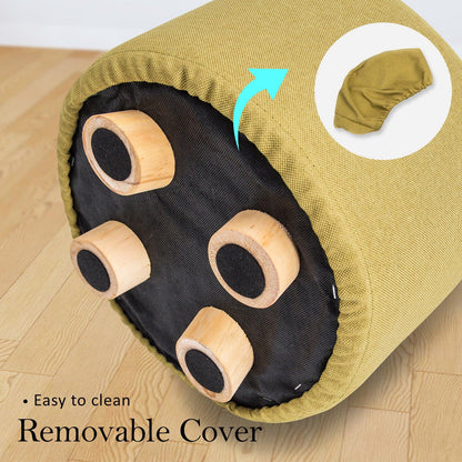 2X Fabric Ottoman Round Wooden Leg Foot Stool - Mustard Yellow - Mekamart Australia