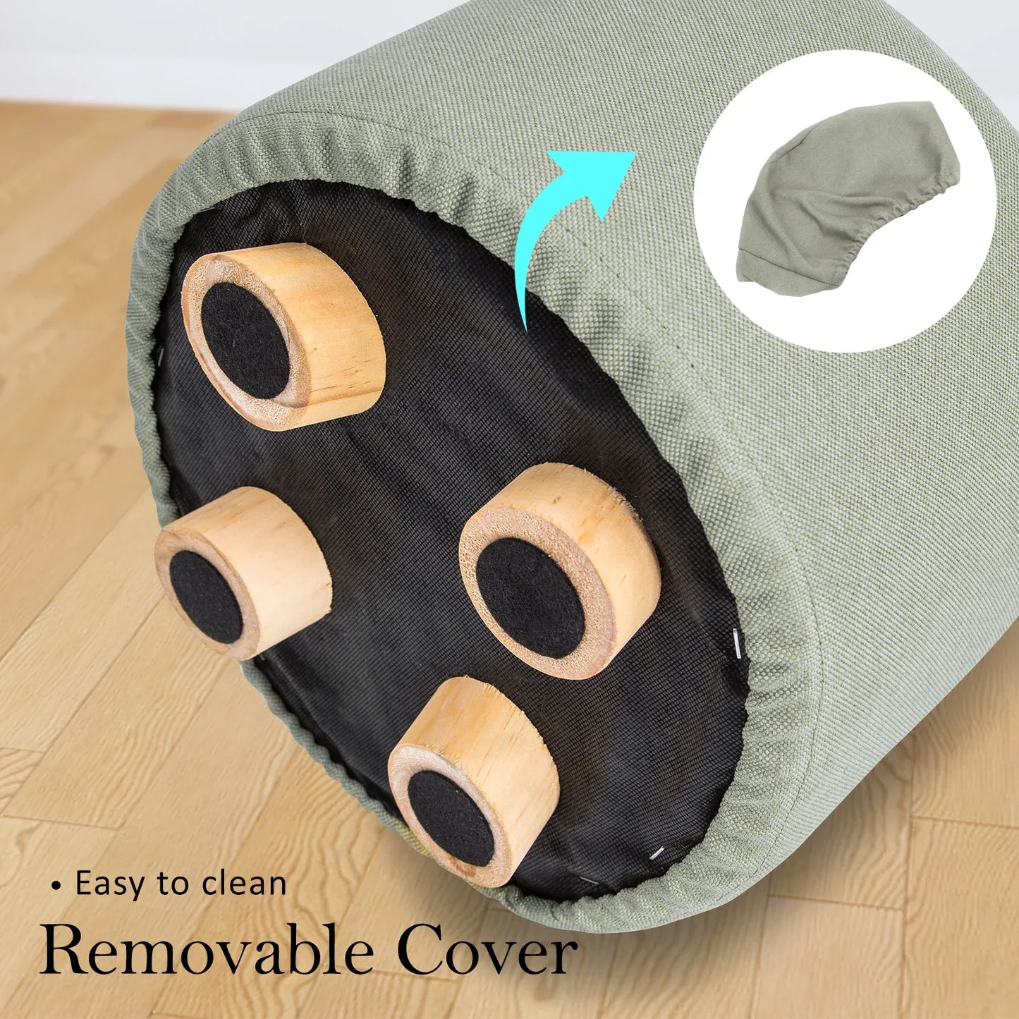 Fabric Ottoman Round Wooden Leg Foot Stool - GREY - Mekamart Australia