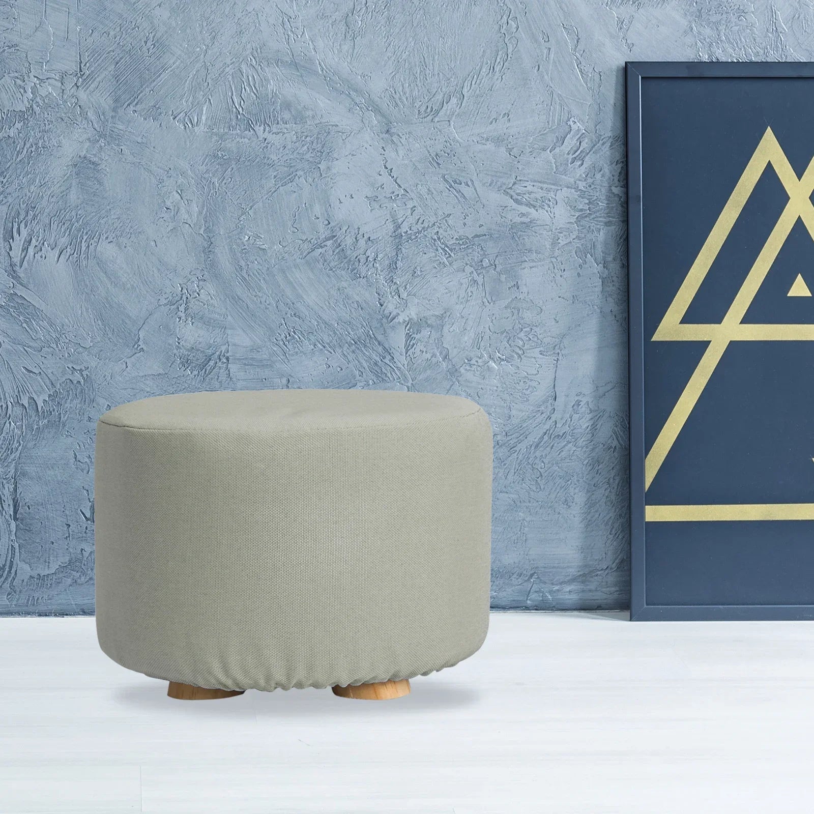 Fabric Ottoman Round Wooden Leg Foot Stool - GREY - Mekamart Australia