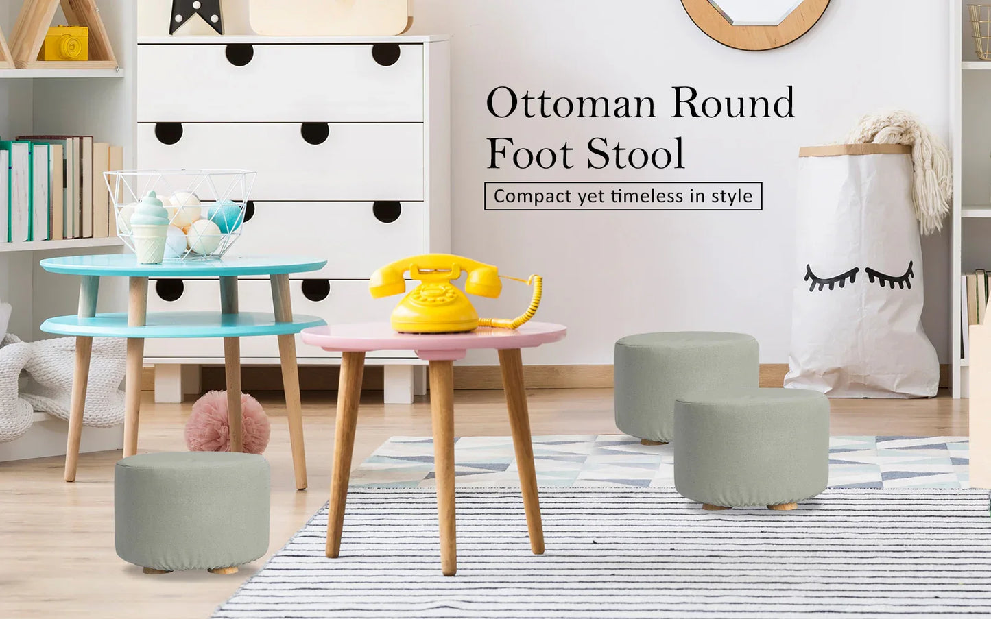 2X Fabric Ottoman Round Wooden Leg Foot Stool - GREY - Mekamart Australia