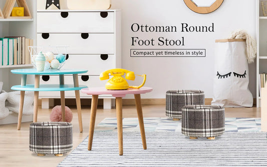 Fabric Ottoman Round Wooden Leg Foot Stool - LATTICE - Mekamart Australia