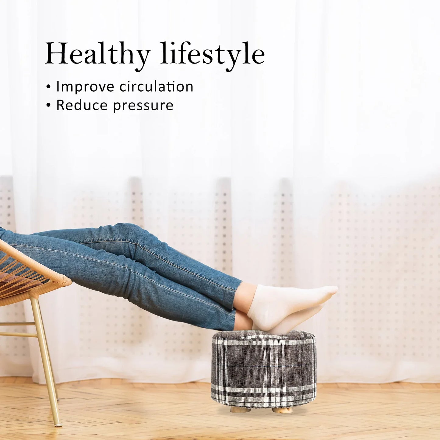 Fabric Ottoman Round Wooden Leg Foot Stool - LATTICE - Mekamart Australia