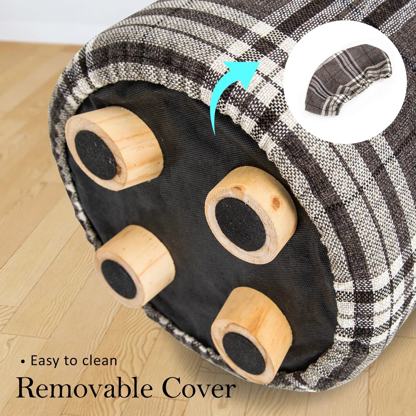 Fabric Ottoman Round Wooden Leg Foot Stool - LATTICE - Mekamart Australia