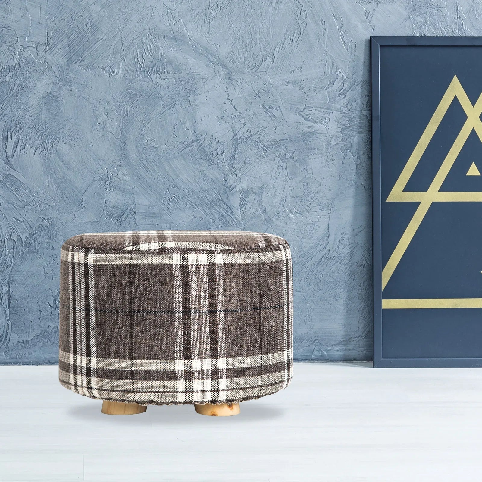 Fabric Ottoman Round Wooden Leg Foot Stool - LATTICE - Mekamart Australia