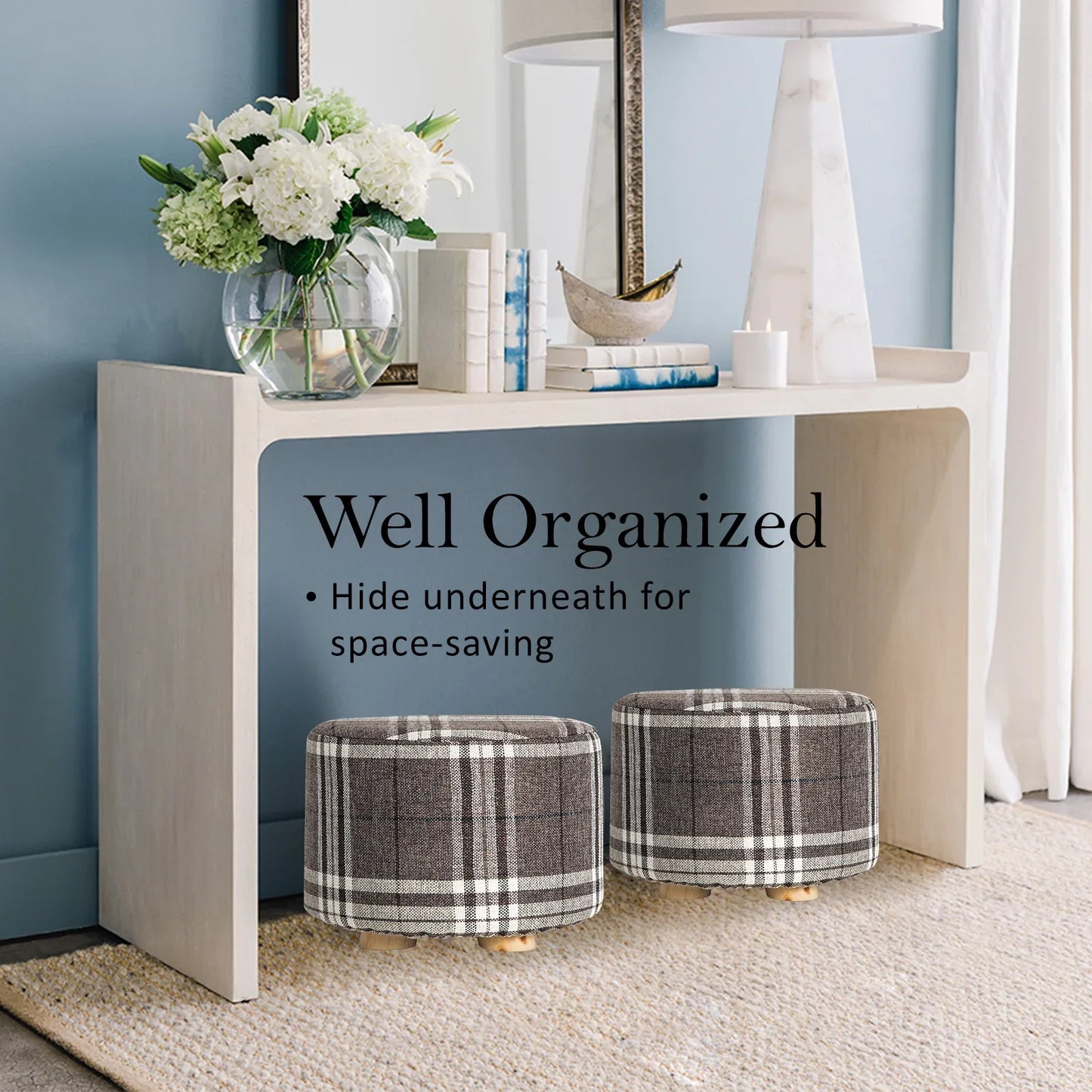 2X Fabric Ottoman Round Wooden Leg Foot Stool - LATTICE - Mekamart Australia