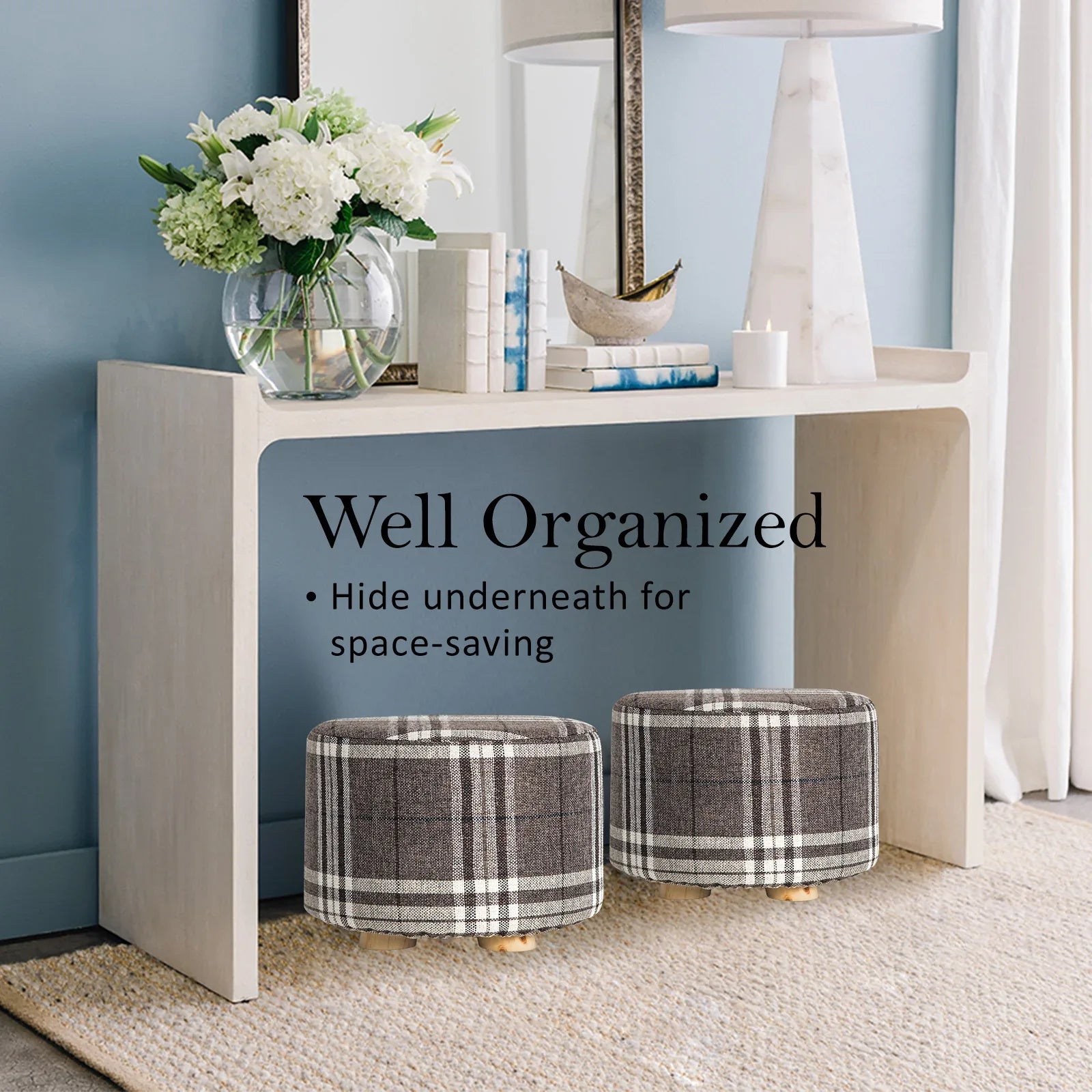 2X Fabric Ottoman Round Wooden Leg Foot Stool - LATTICE - Mekamart Australia