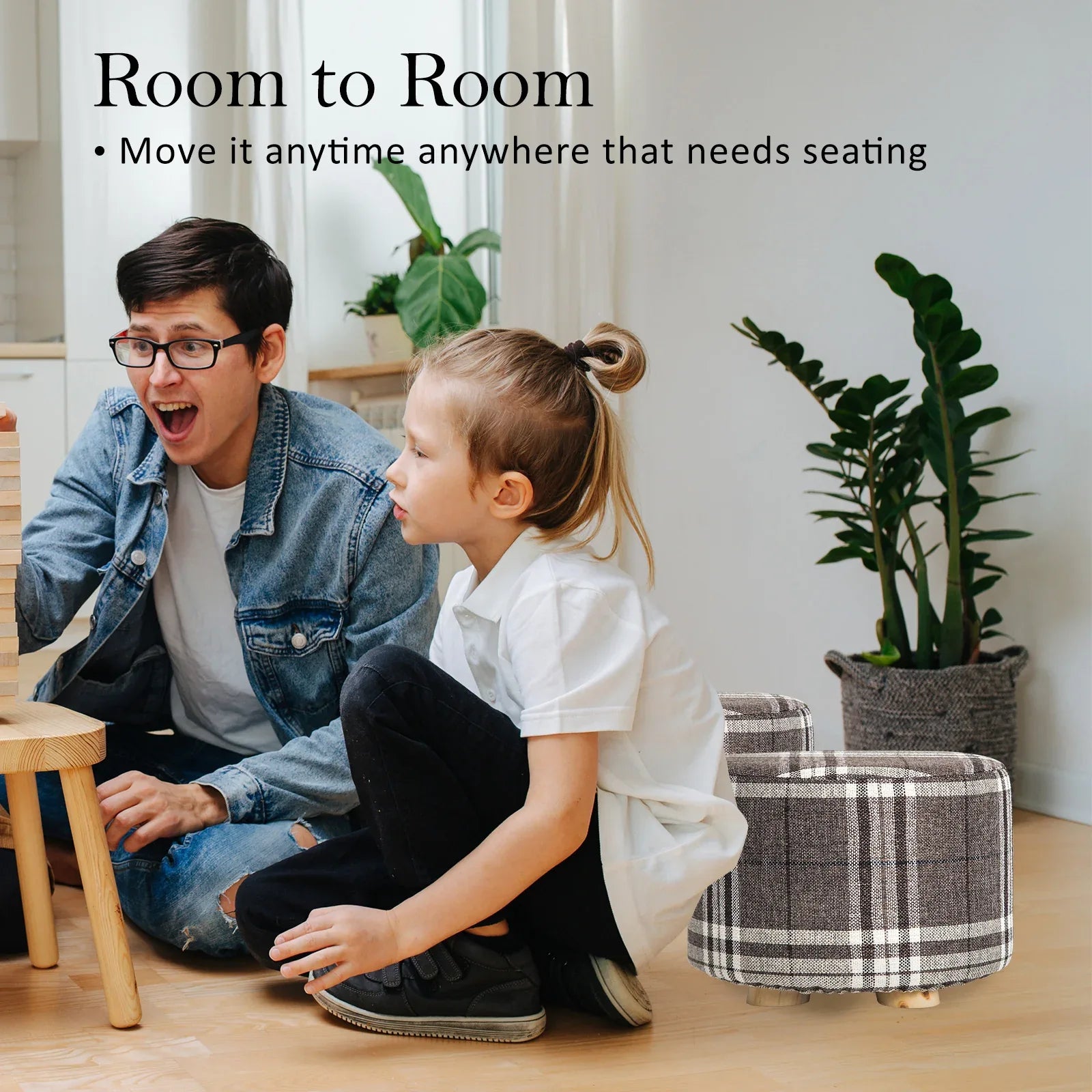 2X Fabric Ottoman Round Wooden Leg Foot Stool - LATTICE - Mekamart Australia