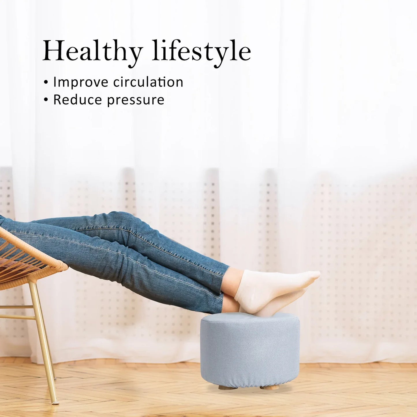 Fabric Ottoman Round Wooden Leg Foot Stool - LIGHT BLUE - Mekamart Australia