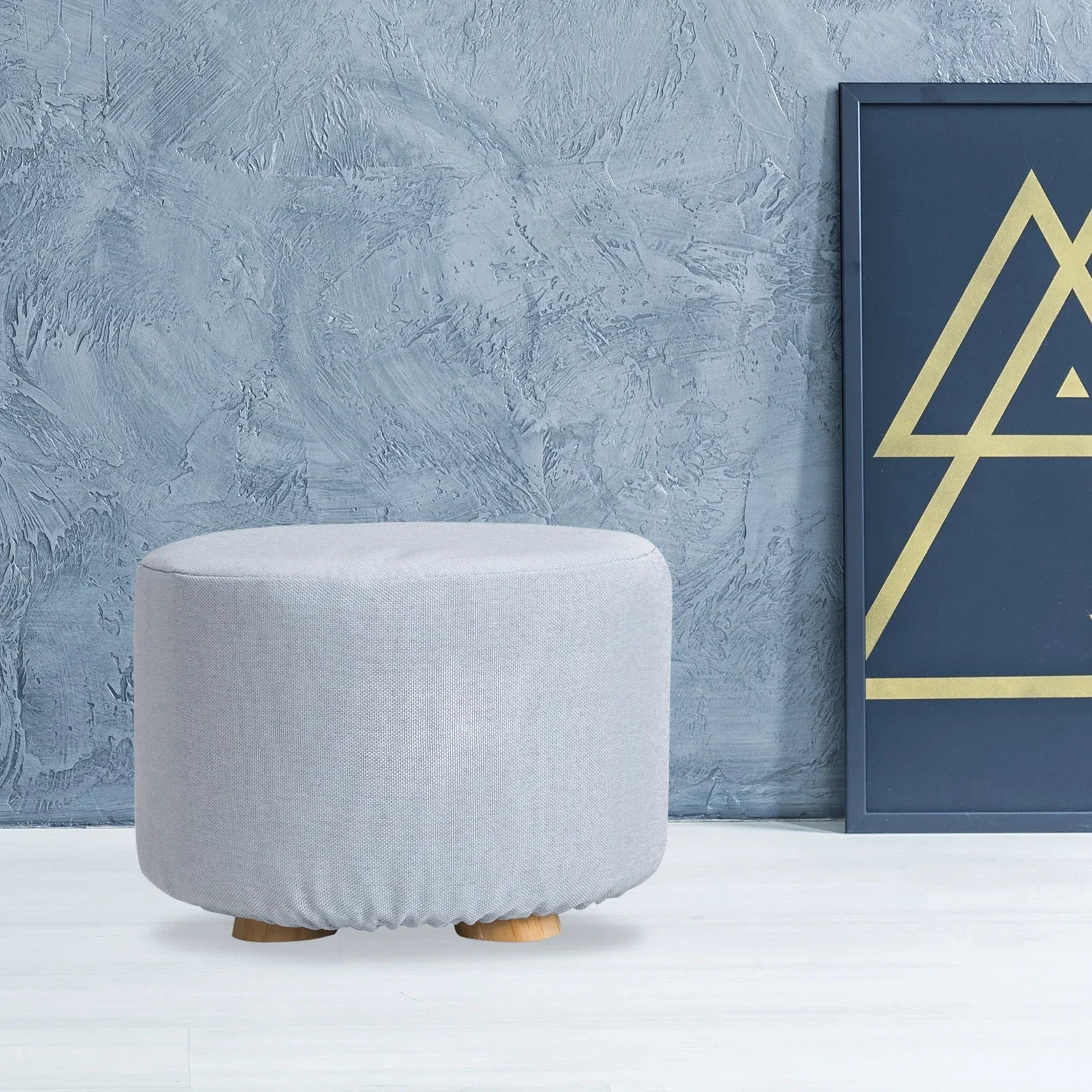 Fabric Ottoman Round Wooden Leg Foot Stool - LIGHT BLUE - Mekamart Australia