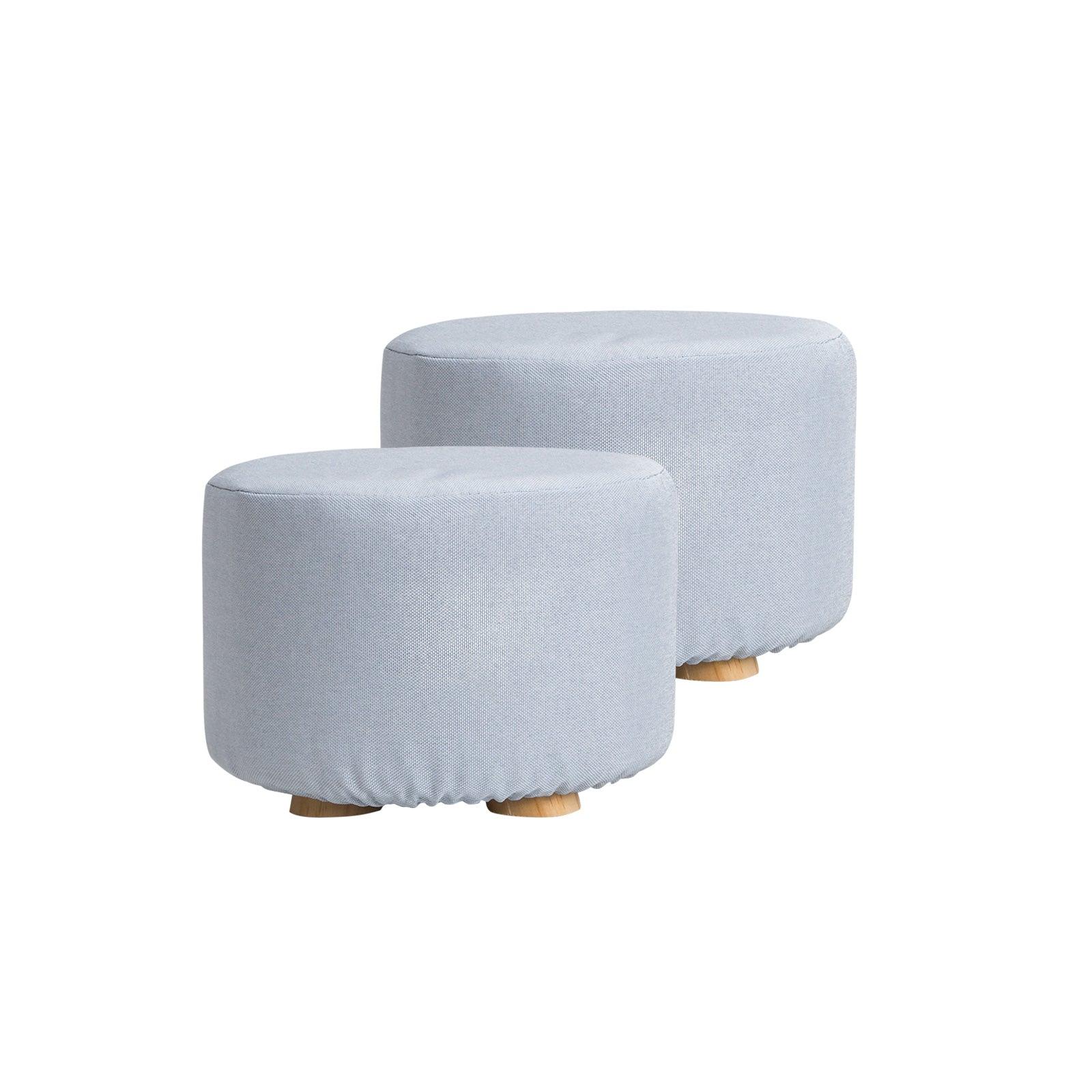 2X Fabric Ottoman Round Wooden Leg Foot Stool - LIGHT BLUE - Mekamart Australia