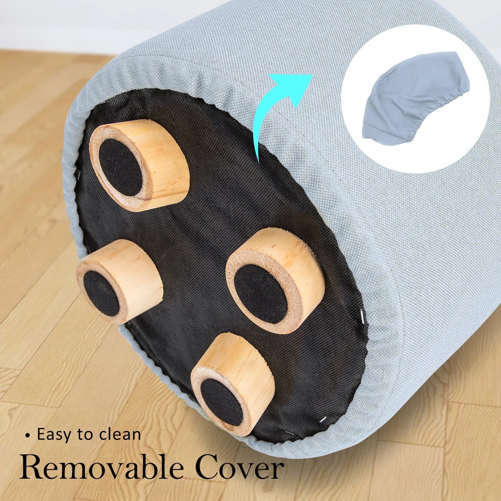 2X Fabric Ottoman Round Wooden Leg Foot Stool - LIGHT BLUE - Mekamart Australia