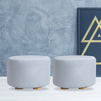 2X Fabric Ottoman Round Wooden Leg Foot Stool - LIGHT BLUE - Mekamart Australia