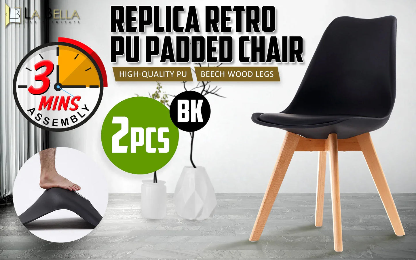 2X Retro Dining Cafe Chair Padded Seat BLACK - Mekamart Australia