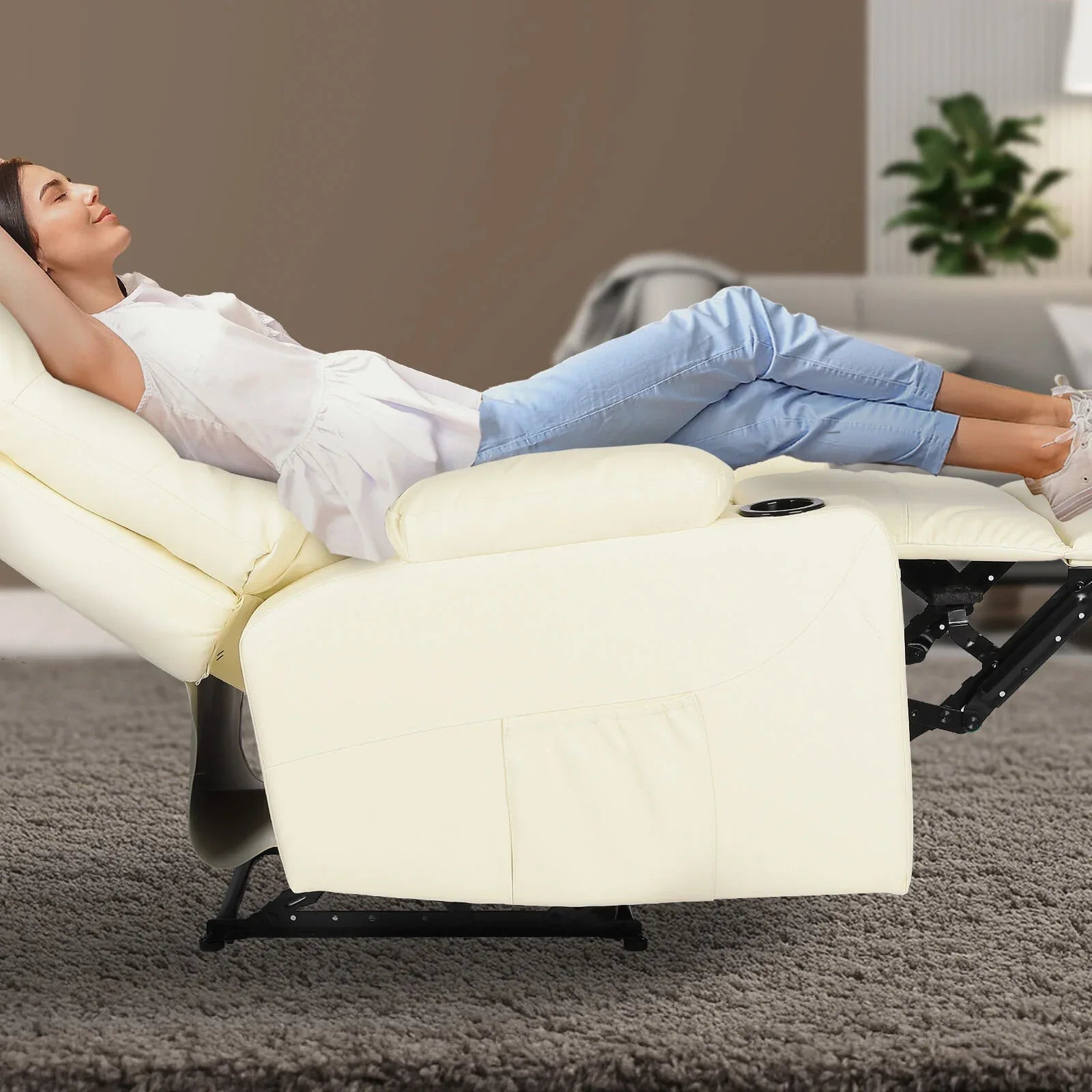 8-Point Electric Massage Recliner Chair - PU Leather Lounge Sofa Armchair ARLEEN BEIGE - Mekamart Australia