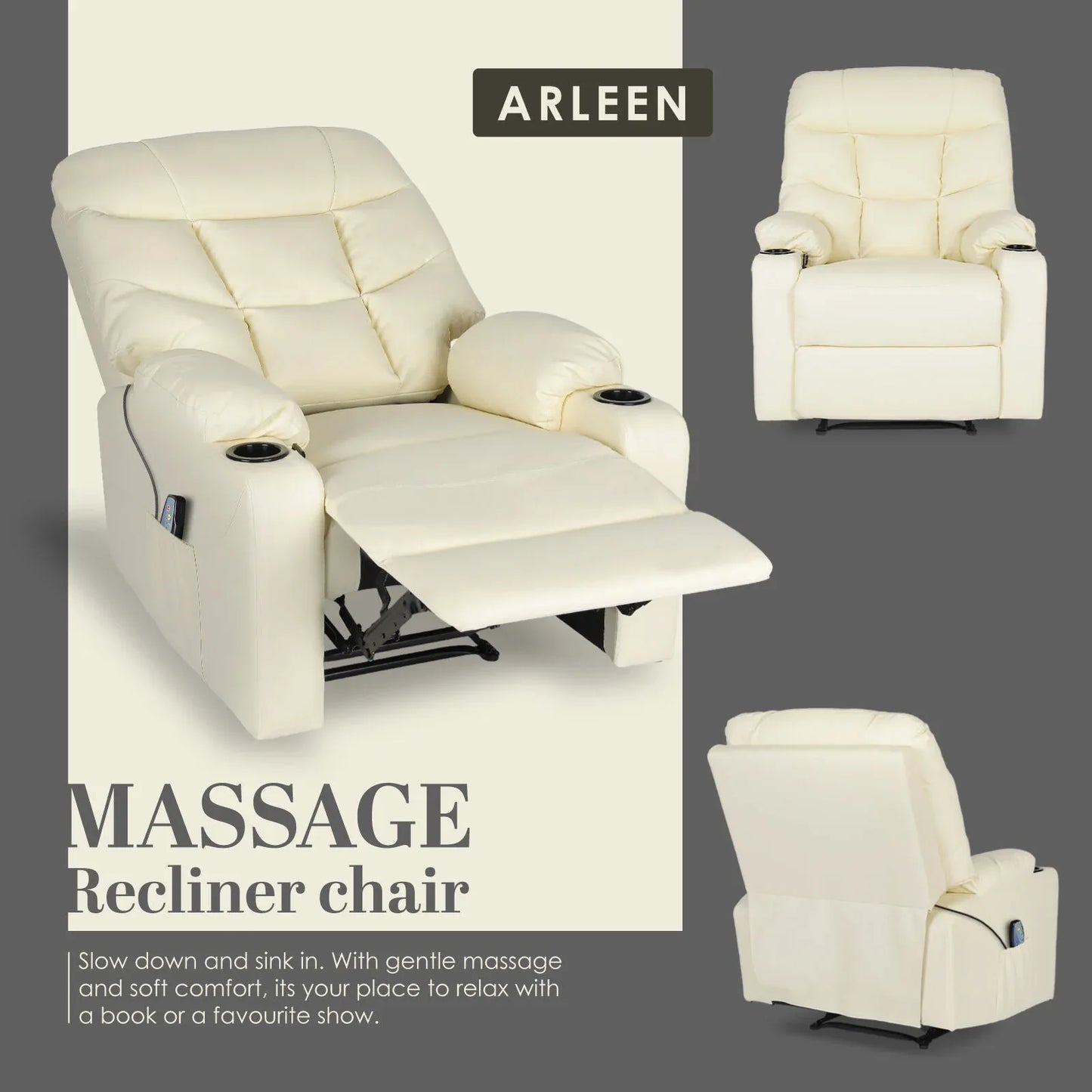8-Point Electric Massage Recliner Chair - PU Leather Lounge Sofa Armchair ARLEEN BEIGE - Mekamart Australia