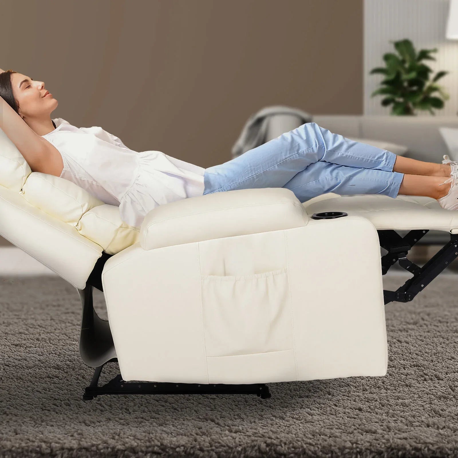 8-Point Electric Massage Recliner Chair - PU Leather Lounge Sofa Armchair CELINA CREAM - Mekamart Australia