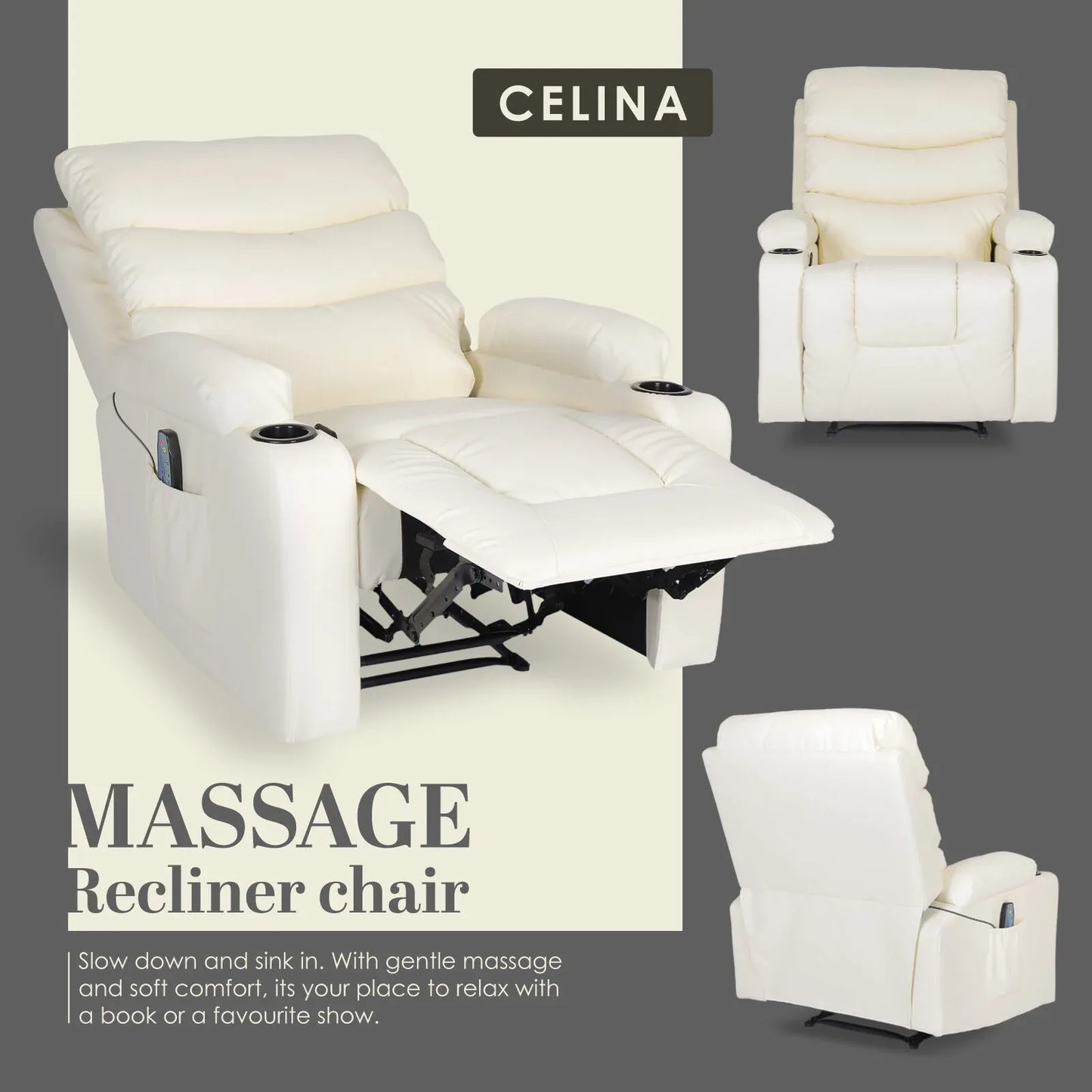 8-Point Electric Massage Recliner Chair - PU Leather Lounge Sofa Armchair CELINA CREAM - Mekamart Australia