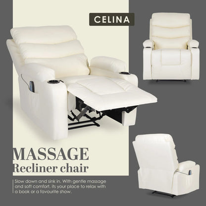 8-Point Electric Massage Recliner Chair - PU Leather Lounge Sofa Armchair CELINA CREAM - Mekamart Australia