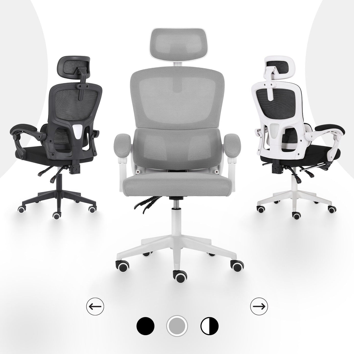 Ergonomic Reclining Office Chair - Lumbar Support, Adjustable Headrest VELTRA - GREY