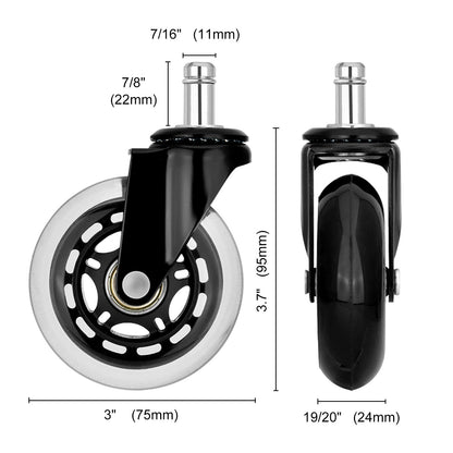 5X 3'' Rollerblade Style Wheels Office Chair Casters - Slient Smooth, 11x22mm Stem