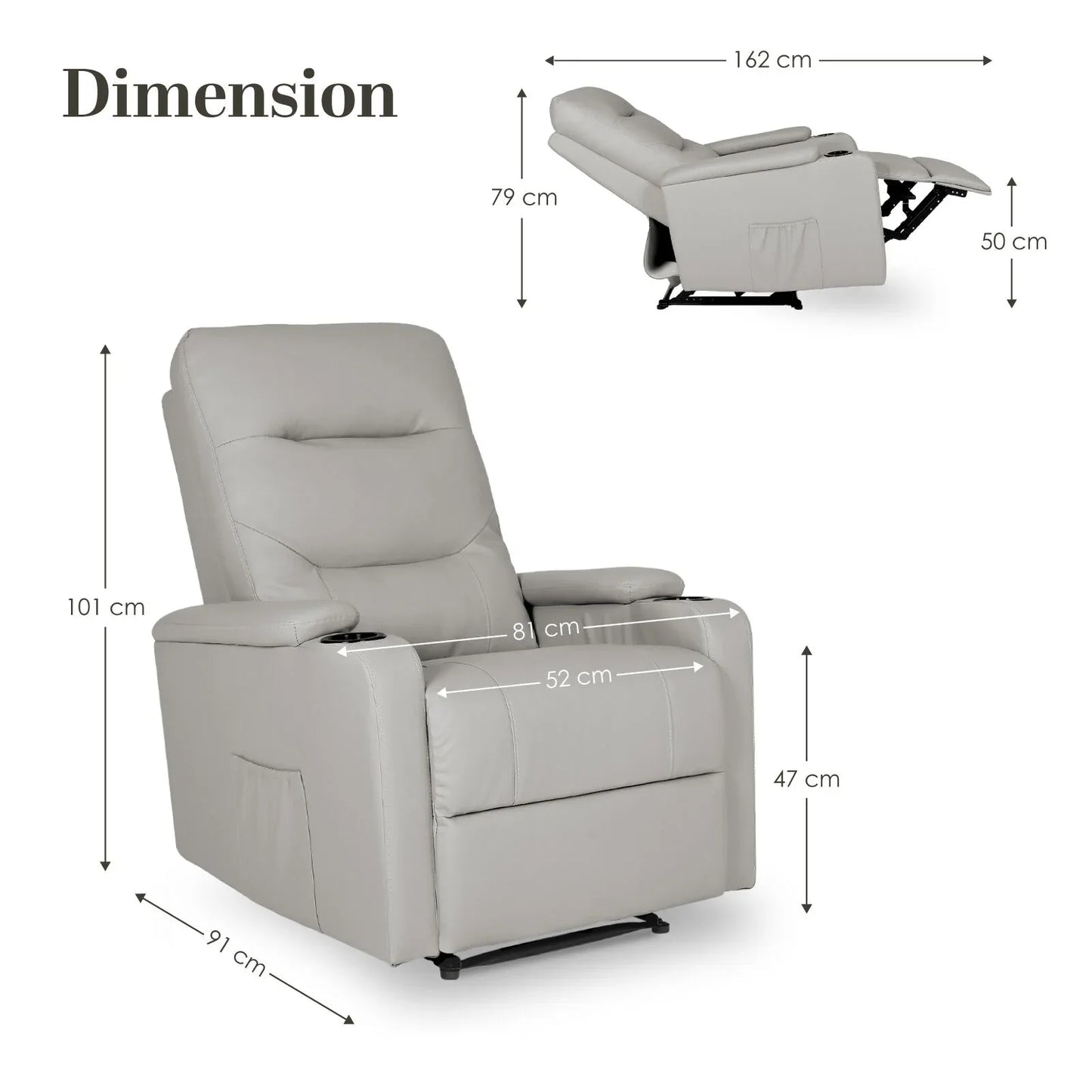 Home Recliner Chair - PU Leather Sofa Lounge Armchair DAKOTA GREY - Mekamart Australia