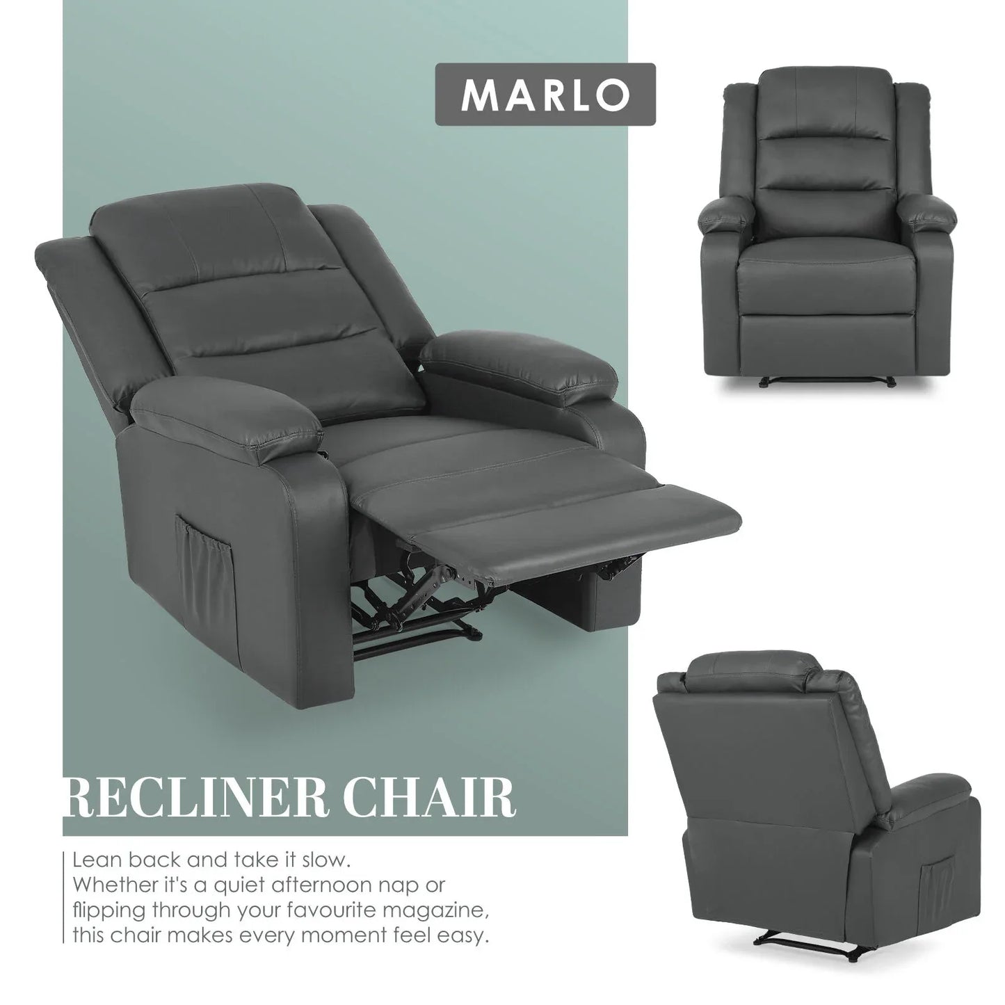 Home Recliner Chair - PU Leather Sofa Lounge Armchair MARLO GREY - Mekamart Australia