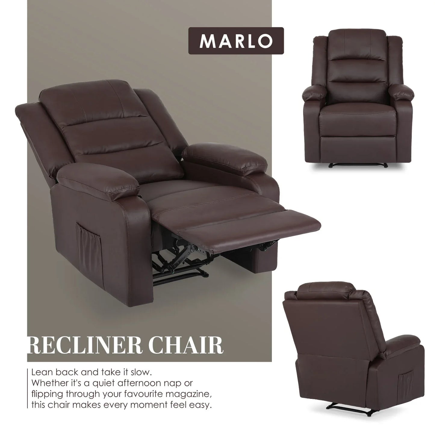 Home Recliner Chair - PU Leather Sofa Lounge Armchair MARLO BROWN - Mekamart Australia