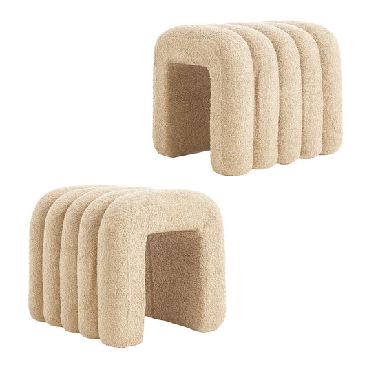2X Ridge Arch Ottoman Stool Teddy Fleece Fabric Foot Rest 45cm BEIGE - Mekamart Australia