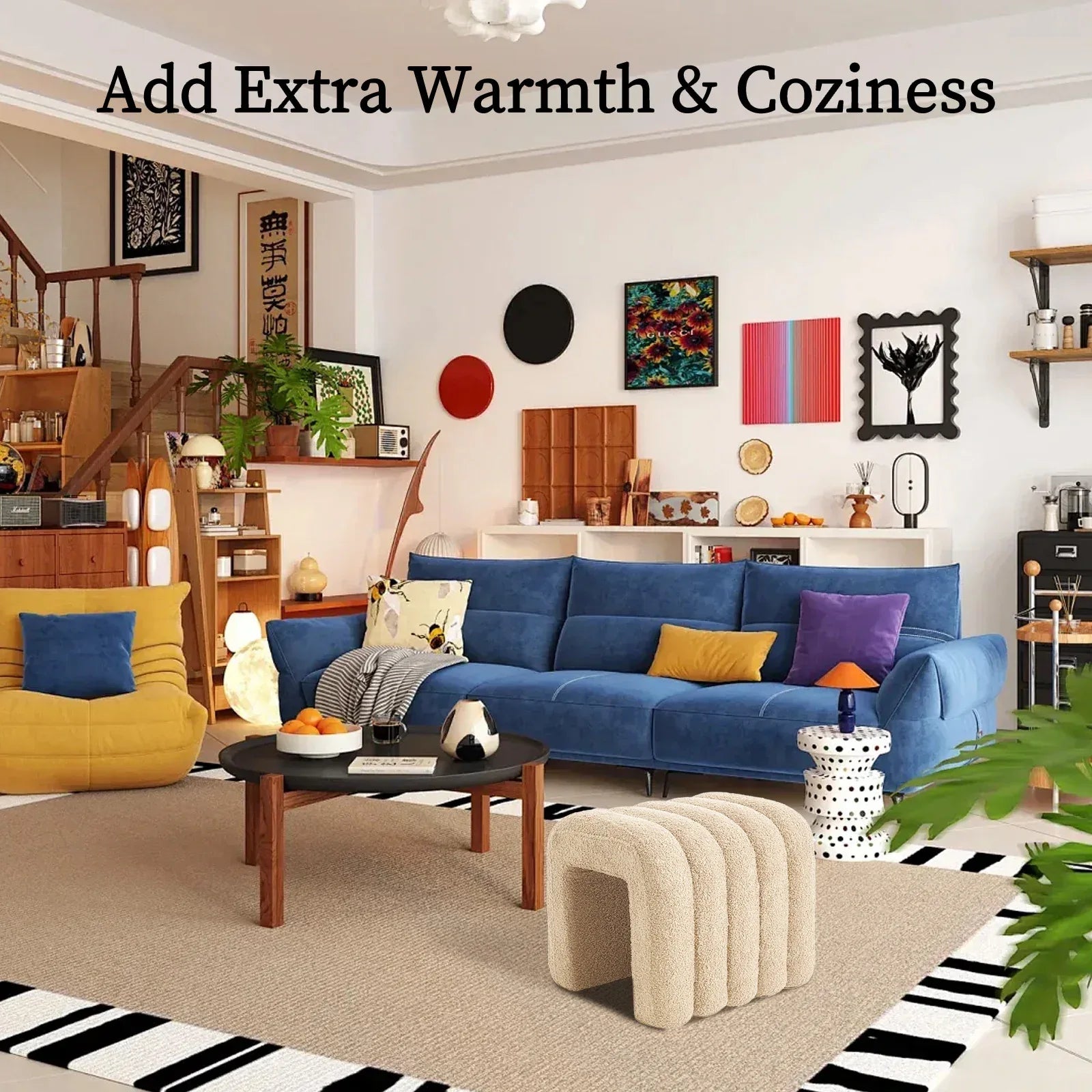 2X Ridge Arch Ottoman Stool Teddy Fleece Fabric Foot Rest 45cm BEIGE - Mekamart Australia