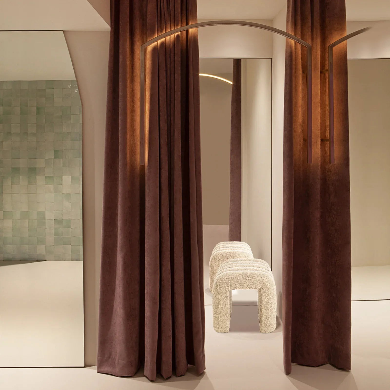 2X Ridge Arch Ottoman Stool Teddy Fleece Fabric Foot Rest 45cm BEIGE - Mekamart Australia