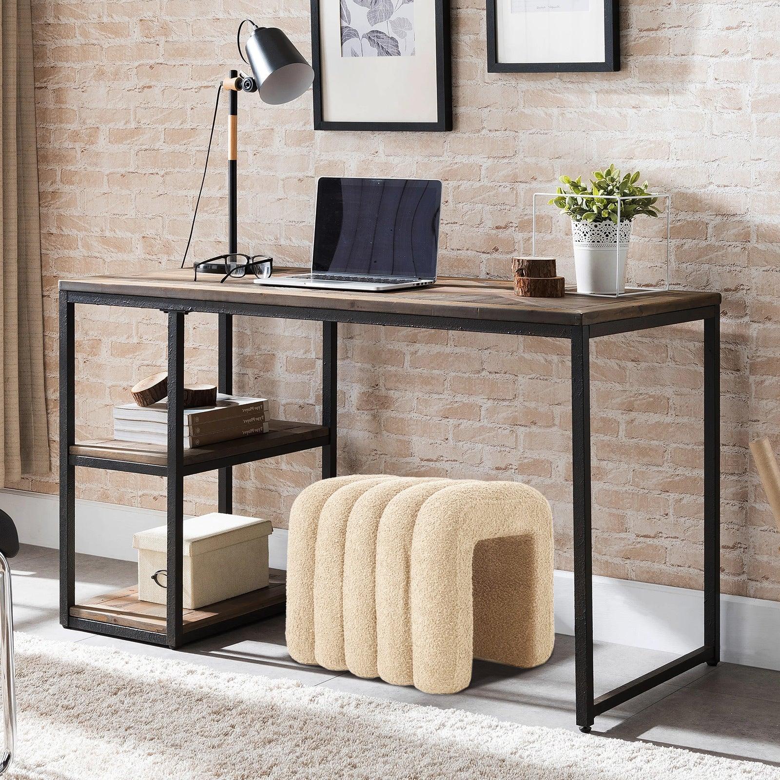 2X Ridge Arch Ottoman Stool Teddy Fleece Fabric Foot Rest 45cm BEIGE - Mekamart Australia