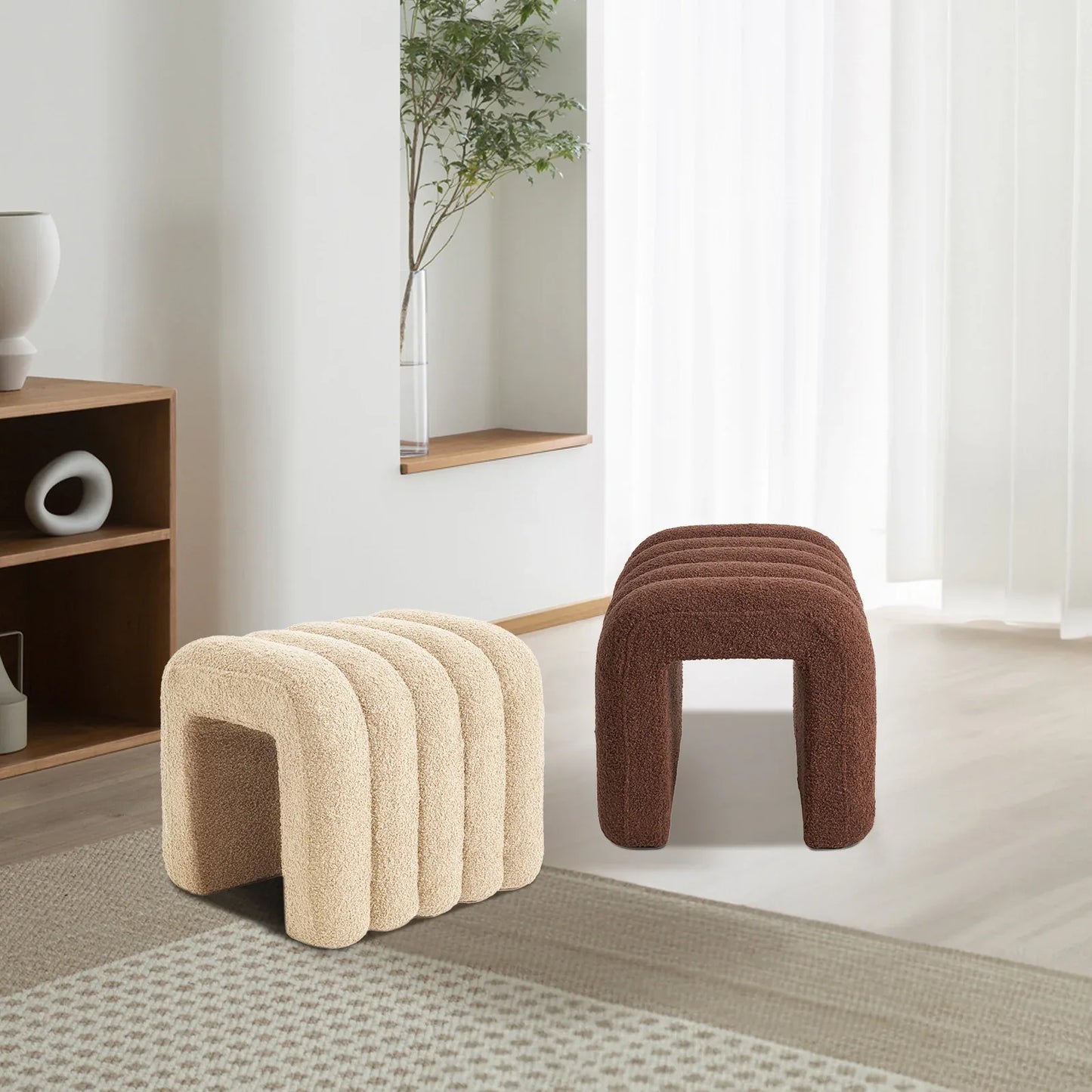 Ridge Arch Ottoman Stool Teddy Fleece Fabric Foot Rest 45cm BROWN - Mekamart Australia