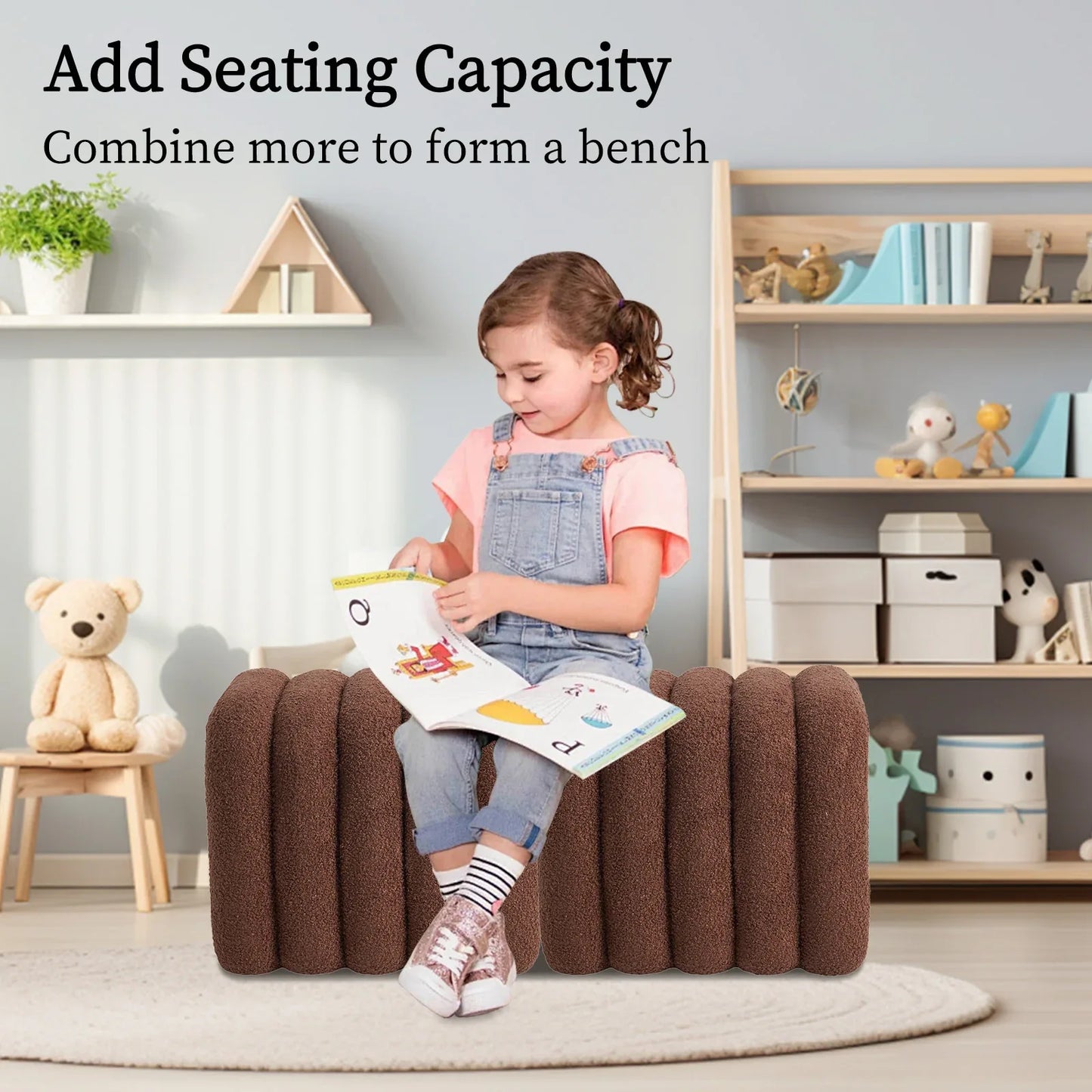 2X Ridge Arch Ottoman Stool Teddy Fleece Fabric Foot Rest 45cm BROWN - Mekamart Australia