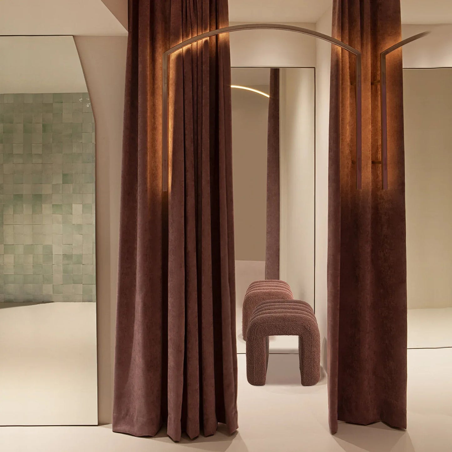 2X Ridge Arch Ottoman Stool Teddy Fleece Fabric Foot Rest 45cm BROWN - Mekamart Australia