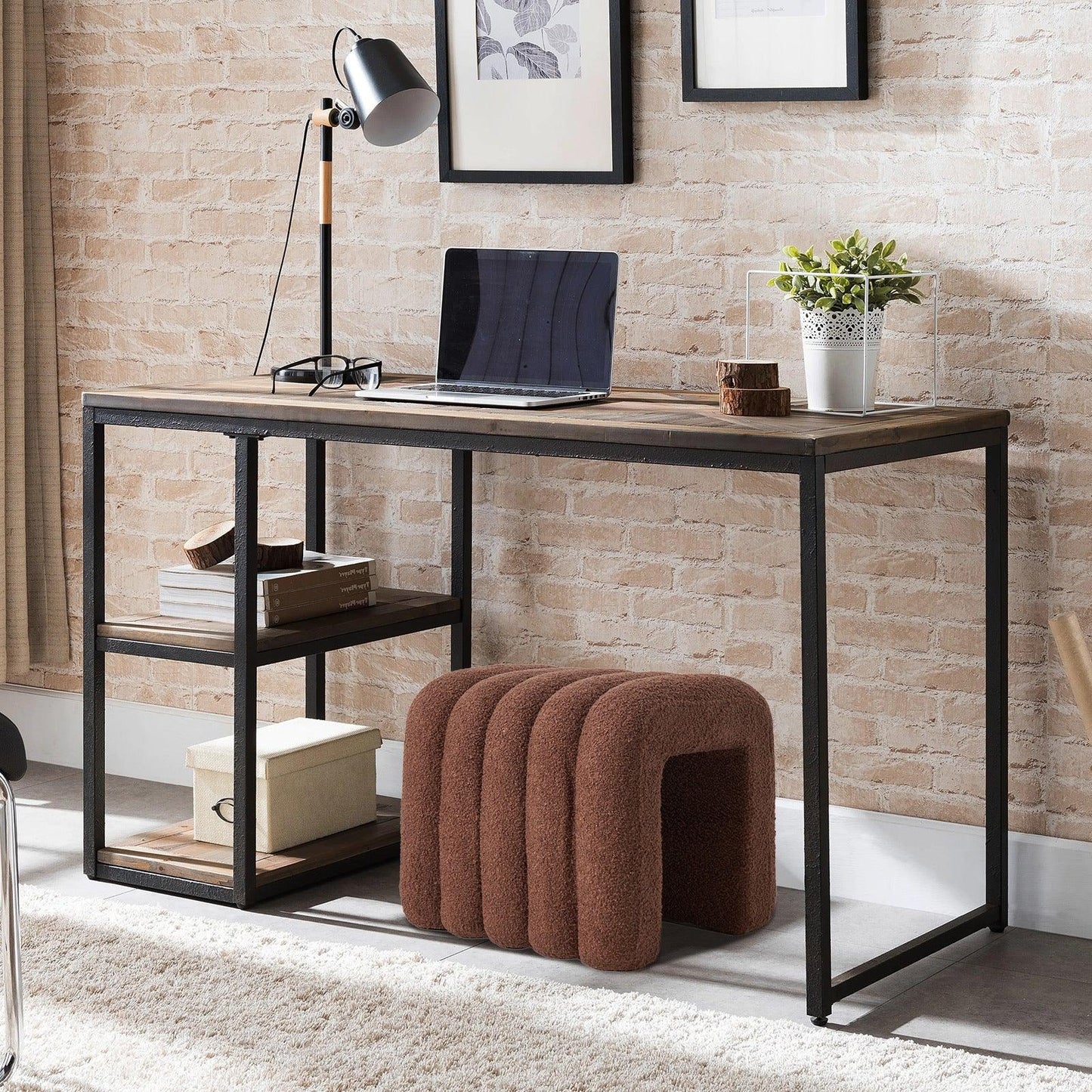 2X Ridge Arch Ottoman Stool Teddy Fleece Fabric Foot Rest 45cm BROWN - Mekamart Australia