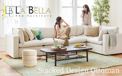 Round Stacked Ottoman Stool Teddy Fleece Fabric Foot Rest 38cm BEIGE - Mekamart Australia