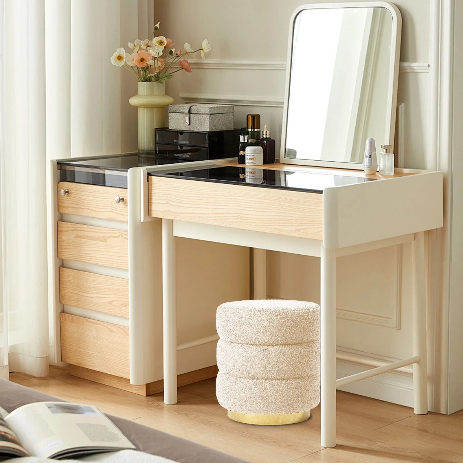 Round Stacked Ottoman Stool Teddy Fleece Fabric Foot Rest 38cm BEIGE - Mekamart Australia