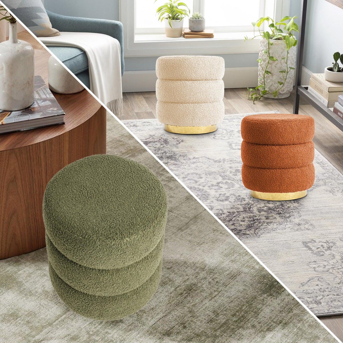 Round Stacked Ottoman Stool Teddy Fleece Fabric Foot Rest 38cm BEIGE - Mekamart Australia