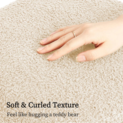 Round Stacked Ottoman Stool Teddy Fleece Fabric Foot Rest 38cm BEIGE - Mekamart Australia