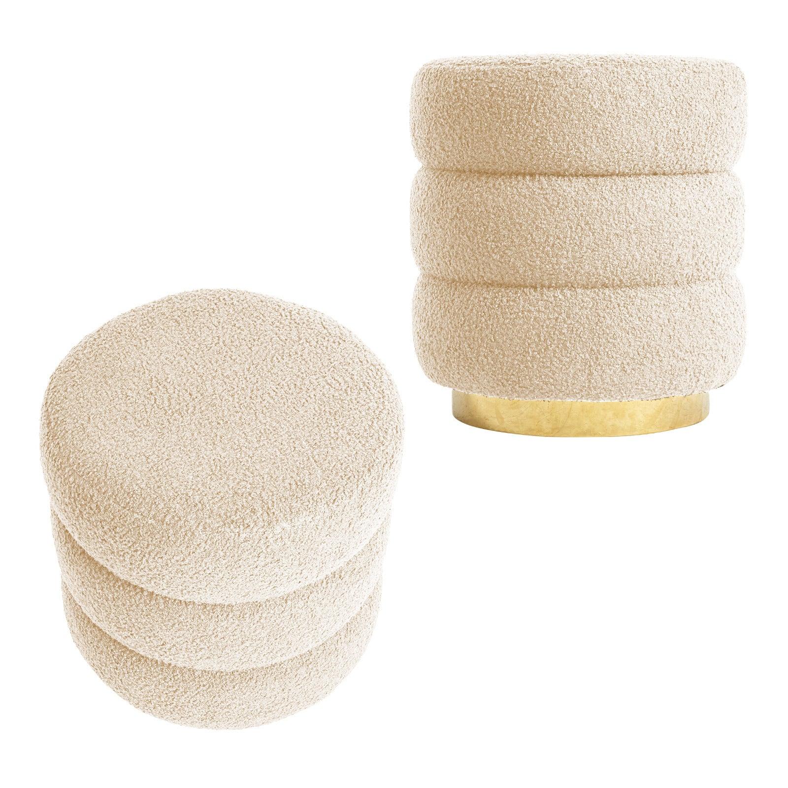 2X Round Stacked Ottoman Stool Teddy Fleece Fabric Foot Rest 38cm BEIGE - Mekamart Australia