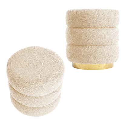 2X Round Stacked Ottoman Stool Teddy Fleece Fabric Foot Rest 38cm BEIGE - Mekamart Australia