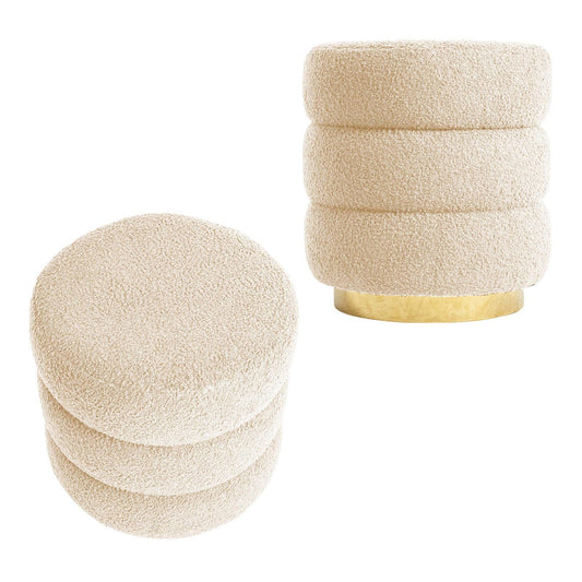 2X Round Stacked Ottoman Stool Teddy Fleece Fabric Foot Rest 38cm BEIGE - Mekamart Australia