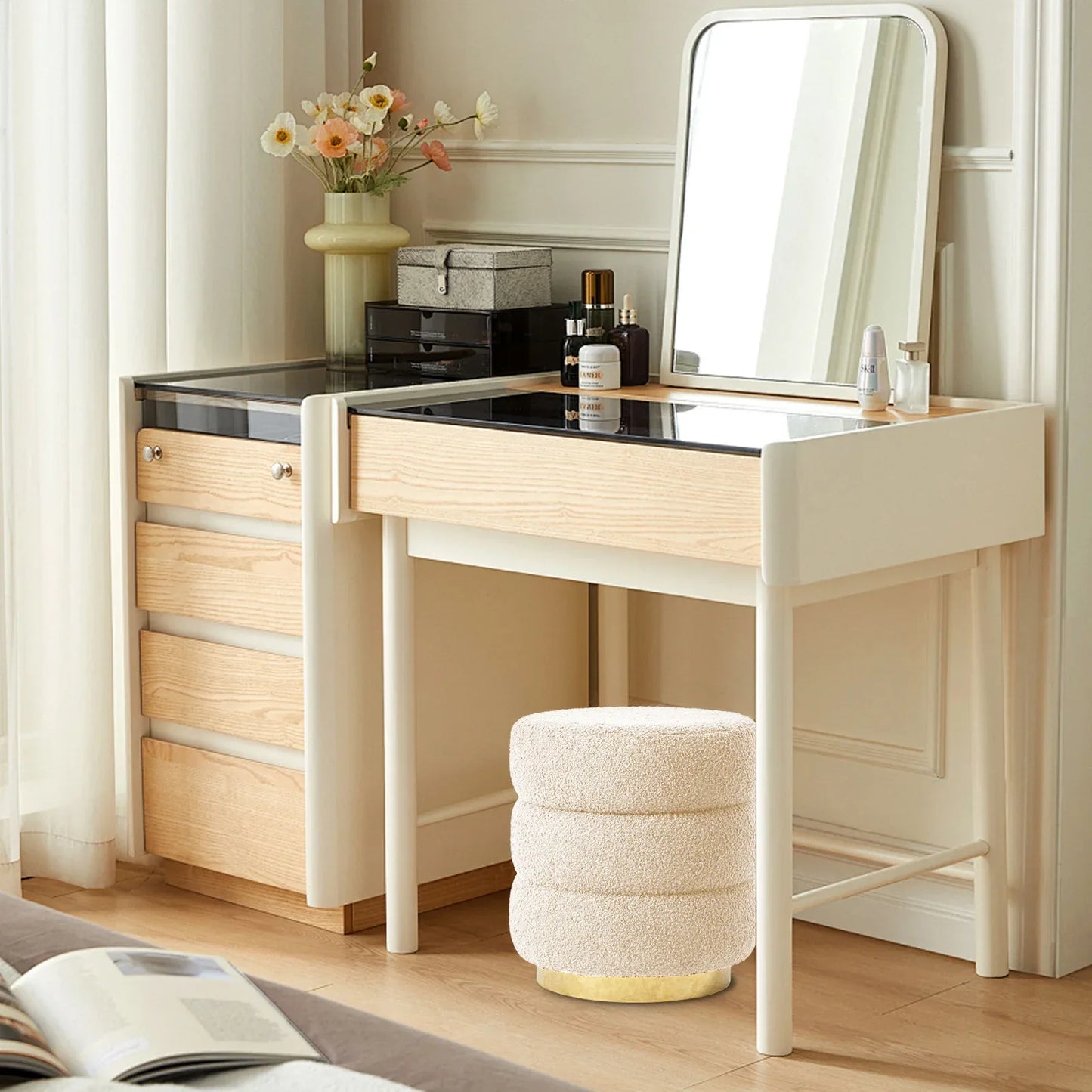 2X Round Stacked Ottoman Stool Teddy Fleece Fabric Foot Rest 38cm BEIGE - Mekamart Australia