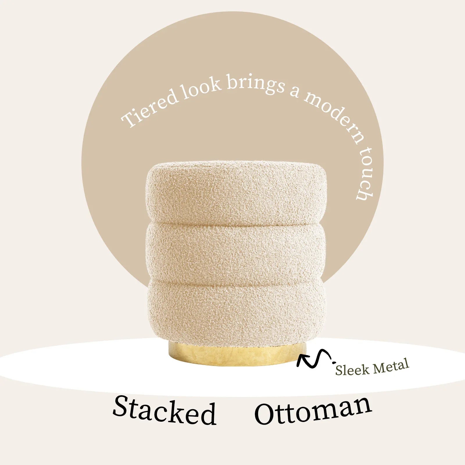 2X Round Stacked Ottoman Stool Teddy Fleece Fabric Foot Rest 38cm BEIGE - Mekamart Australia